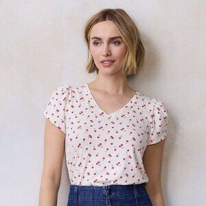 LC Lauren Conrad Tee Size XL Tulip Short Sleeve V Neck Cherry Print White Red